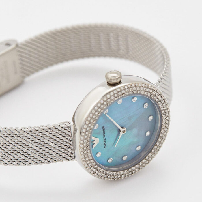 Emporio Armani Rosa Diamonds Mother of Pearl Blue Dial Silver Mesh Bracelet Watch For Women - AR11380 - Image 3